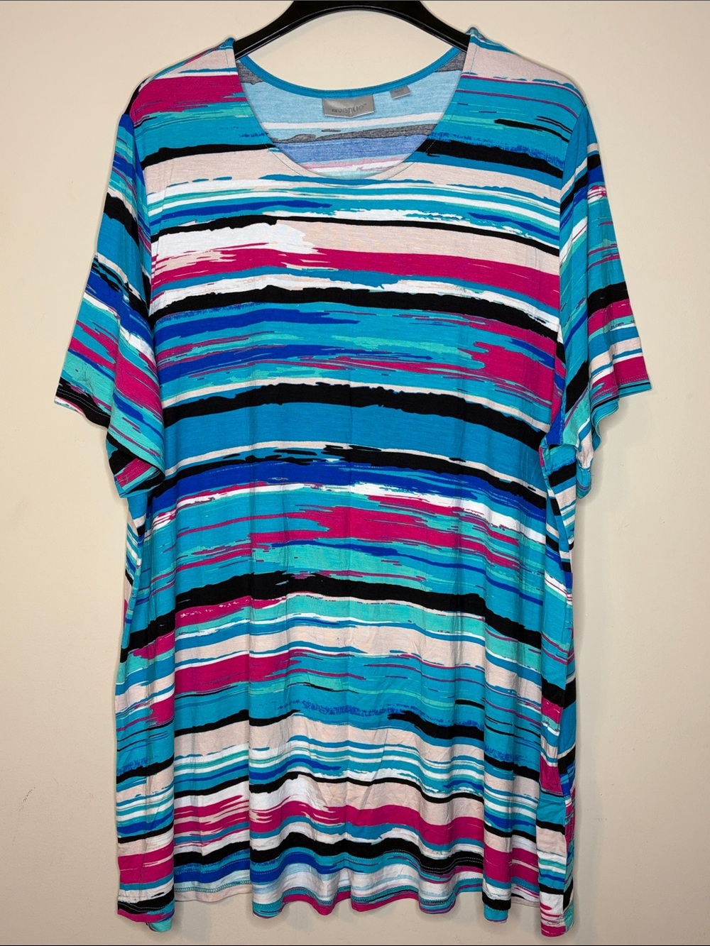 Avenue Women’s Striped Short Sleeve Top - Turquoise, Pink & White Size 30/32